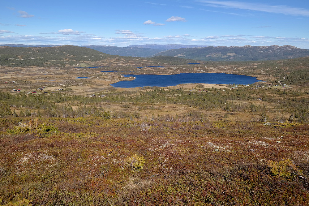 Tilbakeblikk etter å ha kommet over skoggrensa. Den nærmeste, store innsjøen er Buvatn. Nedenfor skogen til venstre ses Gørrbu, mens setrene til høyre i bildet er Buvasslie.