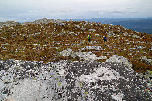Gutta vandrer mot toppen på Nystulnuten (1329). Jeg står på det nordre høydepunktet som er ganske så jevnhøyt. 