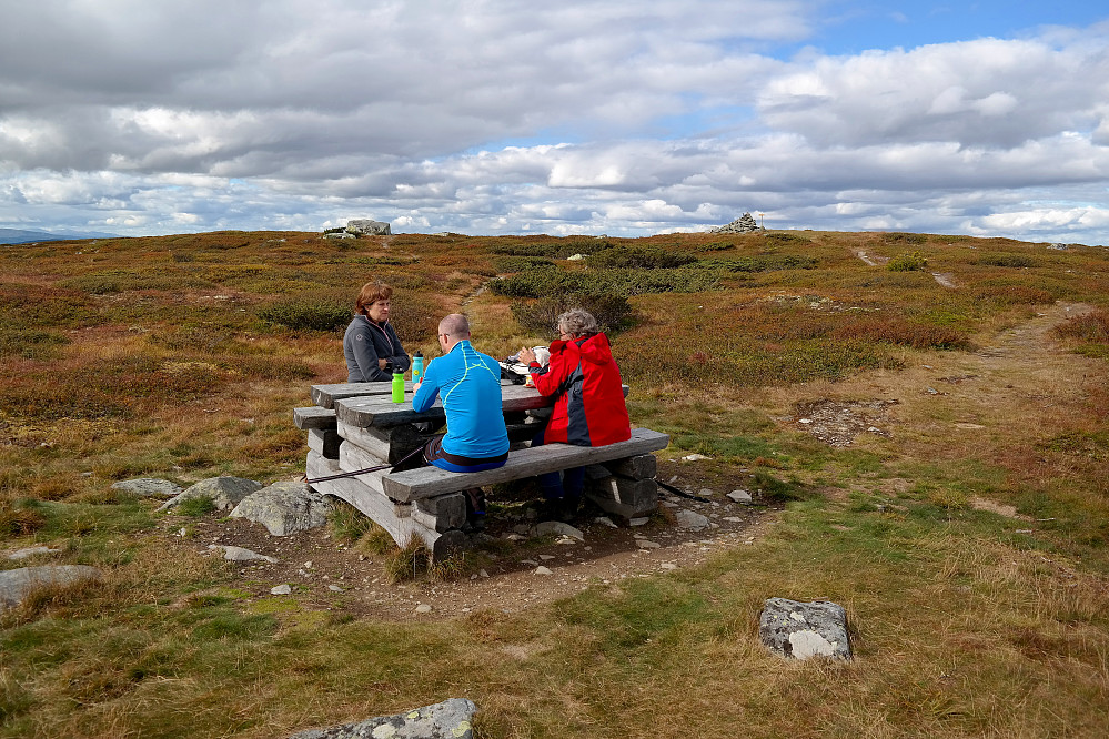 Pausebenken på Hitfjellet (1083). Toppvarden er bak til høyre. Den store steinen jeg sto på er i bakgrunnen til venstre.