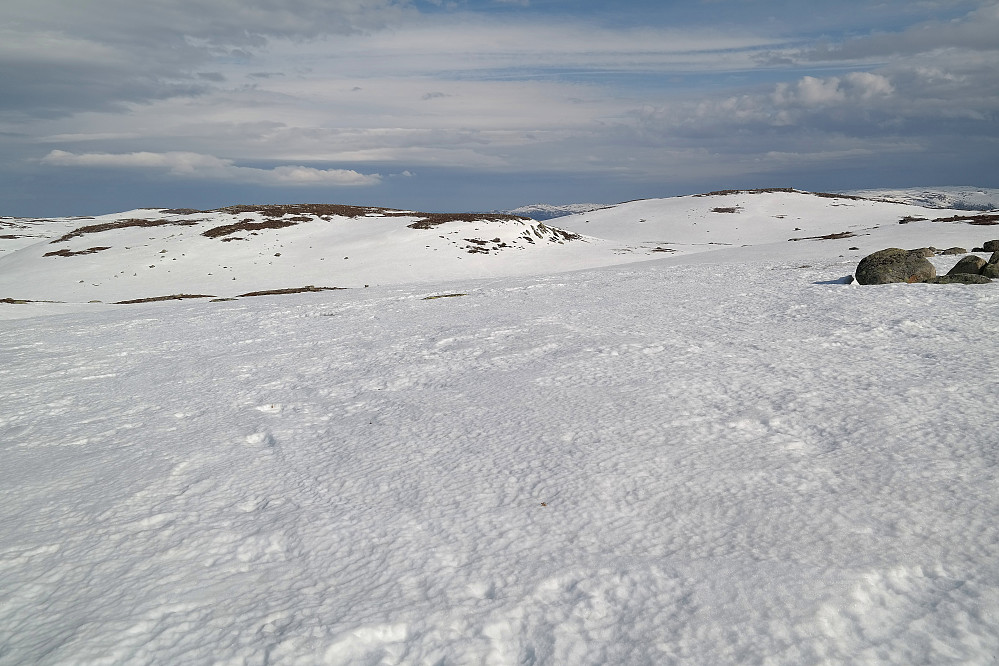 Oppe på Manfjellet. Den snøfrie høyden til venstre er Nordøst for Langtjernkollen (1125). Noe lengre bak og til høyre i bildet ses Øst for Langtjernkollen (1133).