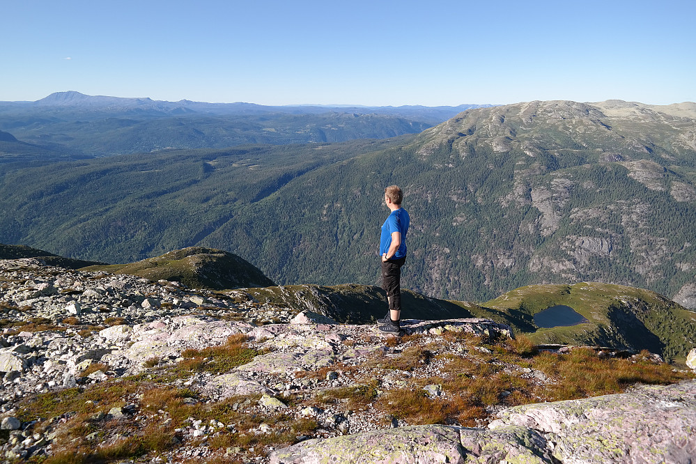 Utsikt mot nordøst fra Skorvetoppen (1370). I bakgrunnen og til høyre i bildet ses Mælefjell (1413). Langt bak og helt til venstre er Gaustatoppen (1883).