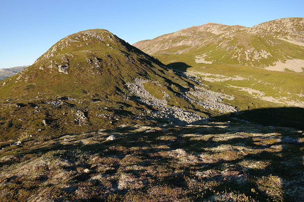 Den markante haugen til venstre er Såta (1152). Lengre bak og litt til høyre for midten av bildet, er Nordnibba (1364).