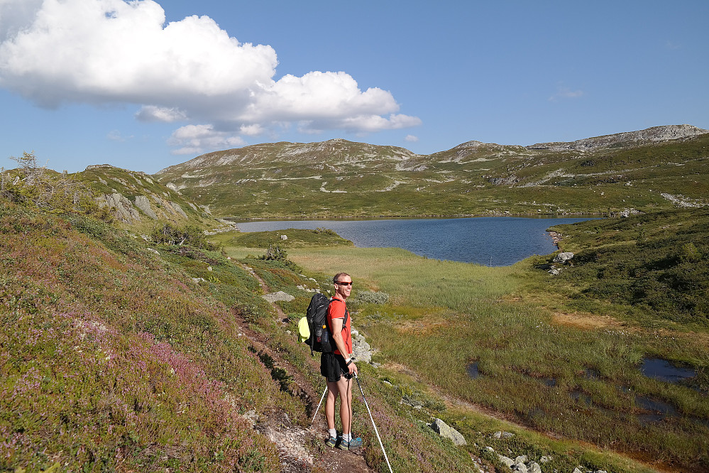 Her har vi nådd et vann på ca 1075 moh, mellom Gråntjønn og Vesle Tjorbuvatn. Fjellet i bakgrunnen midt i bildet og litt til venstre, er Blomtjønneggin (1231).