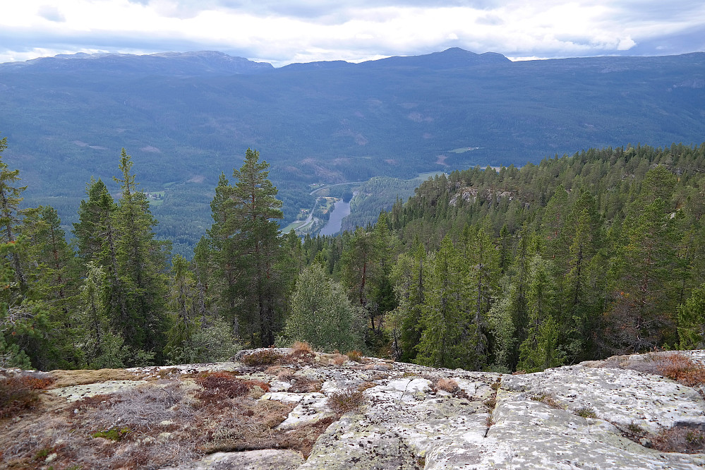 Jeg er på ryggen like nordvest for Vrågå (784). Her var det nydelig utsikt vestover. Numedalslågen og fylkesvei 40 ses i bunnen av dalen langt der nede.