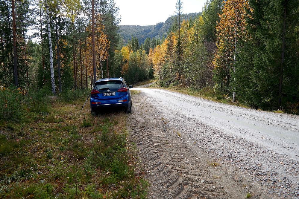 Parkering langs Vergjedalsvegen litt nord for avkjøringen til Gjesteplassen. Avkjøringen ses noen meter lengre bak midt i bildet. 