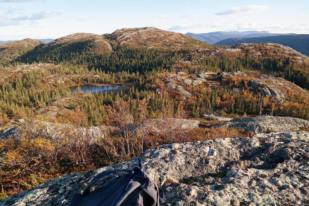 Jeg står på Dobbeltnattens sørlige toppunkt (drøyt 932 moh) og ser tilbake mot Skagsåsen (972), som er midt i bildet.