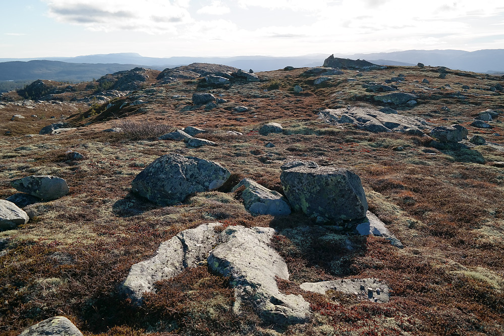 Toppen på Søtelinatten (1052) er den svære steinen litt i bakgrunnen til høyre. Bildet tatt sørover.