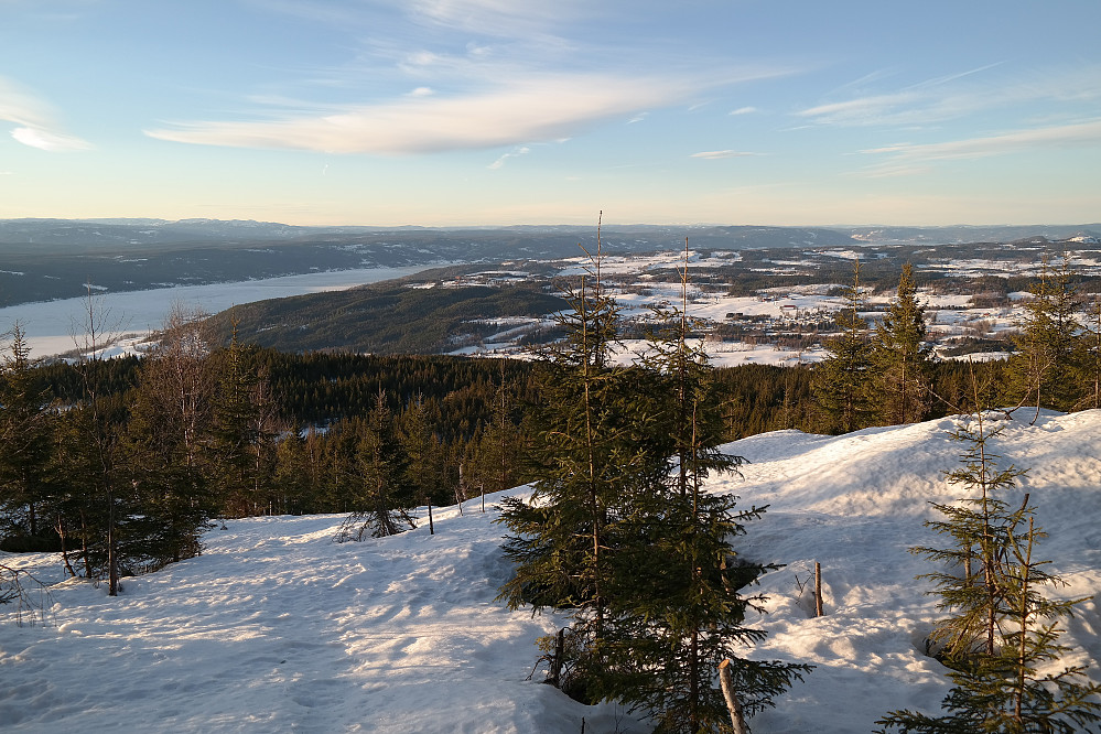 Noen meter vest for toppunktet på Lamannshaugen Nord (704) er det fin utsikt over bl.a. Randsfjorden.
