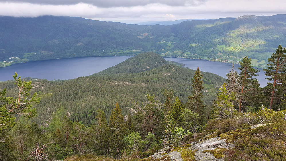 Utsyn østover fra utsiktspunktet litt N/NØ for toppen av Storås (682). Den markerte kollen midt i bildet er Sundsåsen (361).