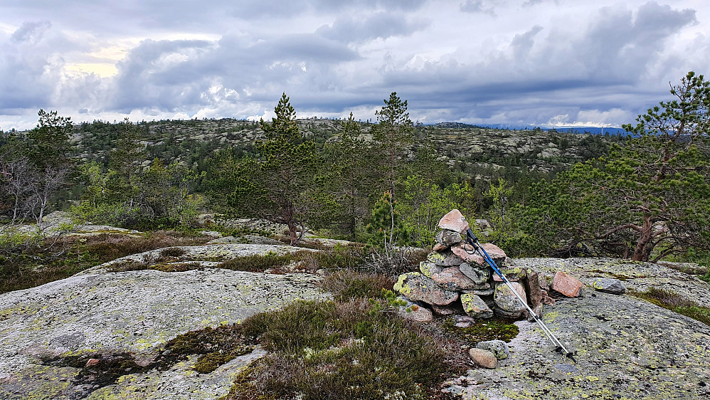 Toppvarden på Rupefjell (765). Den langstrakte høyden i bakgrunnen er Ræplifjell (790). Toppen av Selslinatten (810) stikker opp lengre bak og til høyre i bildet.
