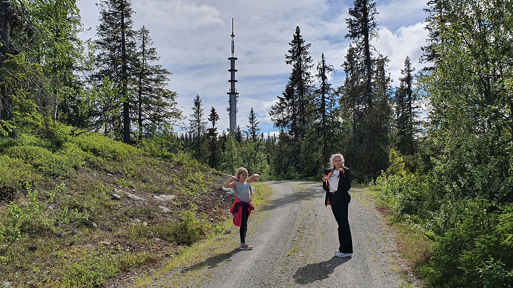 På grusveien mot Kjeldeknatten (889). Masta ved toppen er i bakgrunnen.