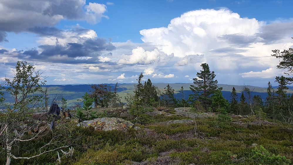 Østover sett fra toppen av Åslandåsen (680). Tordendrønn kunne høres i det fjerne fra den høye bygeskyen til høyre i bildet.