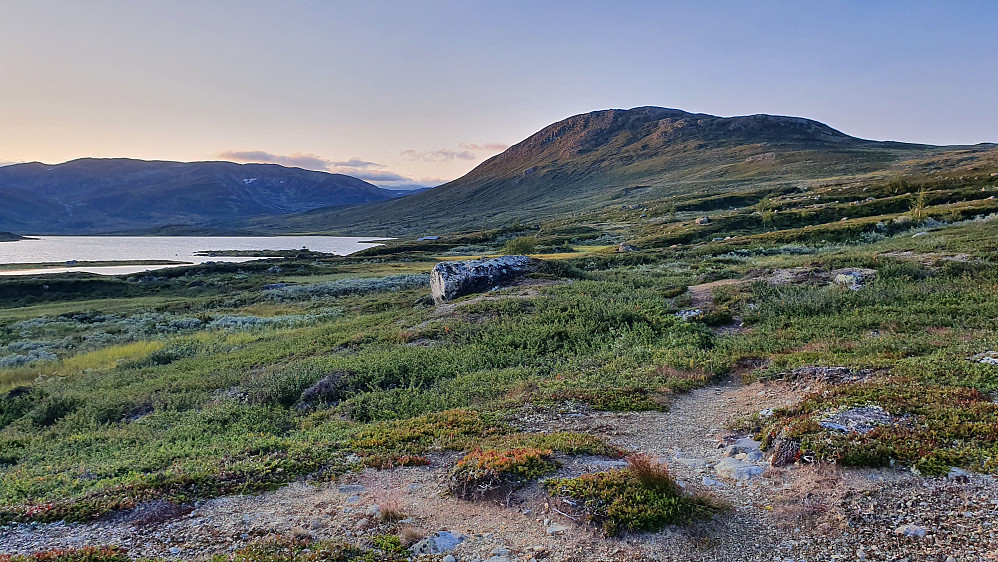 Jeg er ved sørenden av Ershovdtjernane (til venstre) og ser tilbake mot Høgesyningen (1395), som er fjellet til høyre.