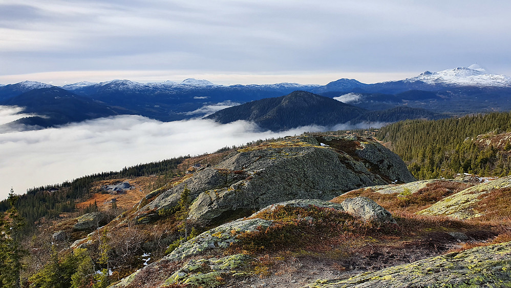 På toppen av Flugunfjellet (983). Utsikt mot vest/nordvest. Gaustatoppen (1883) ses bakerst og helt til høyre i bildet.