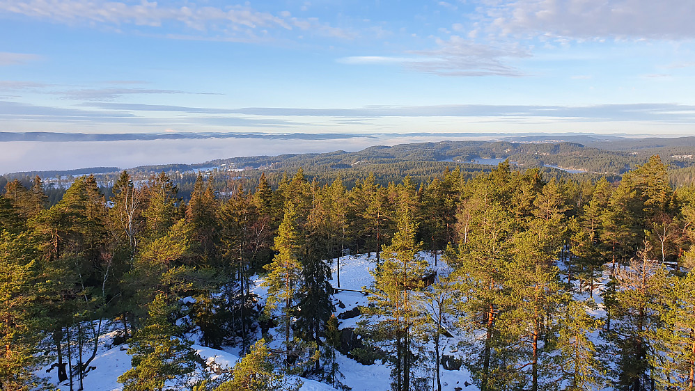 Utsikt mot nordvest fra toppen av tårnet på Nordre Minjarudkollen (338). Innsjøen Øyeren befinner seg under tåka til venstre i bildet.