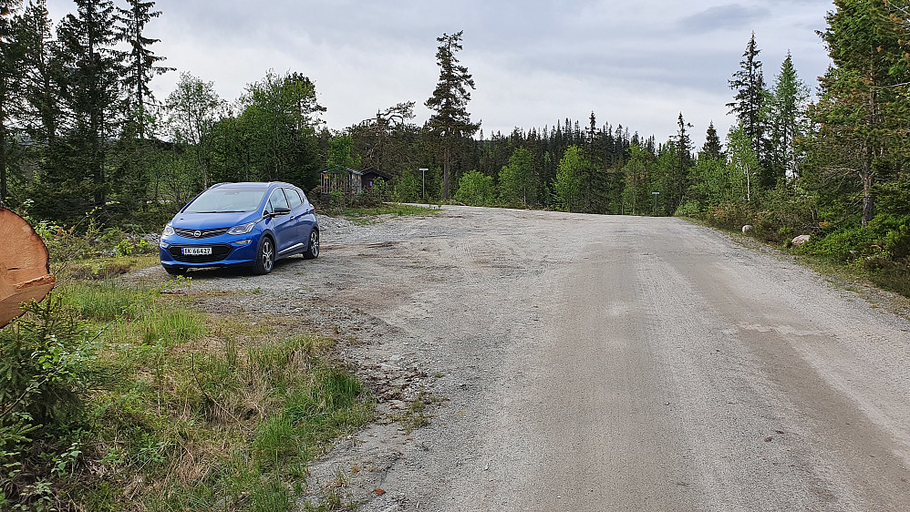 God plass til bilen her. Flaskerudseterveien er den jeg står på. Veistubben Langtjernlia tar av til venstre litt lengre bak.