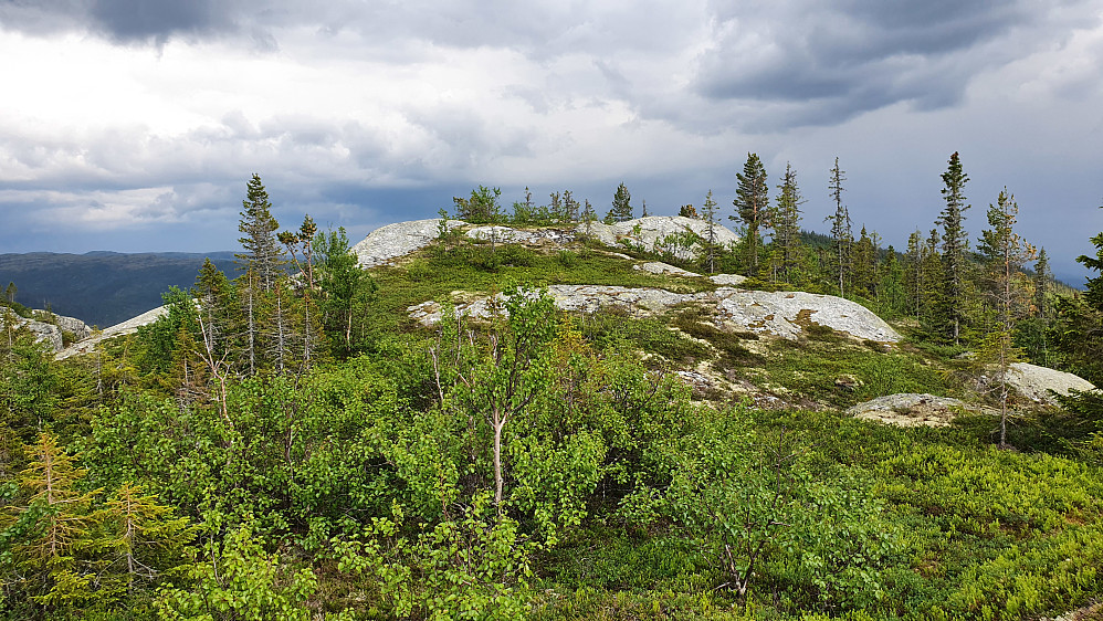 Toppen på Snonatten (941) nærmer seg. Varden ses på høyeste bergknausen litt til høyre i bildet. Langt bak truer mørke skyer i sør og sørøst.