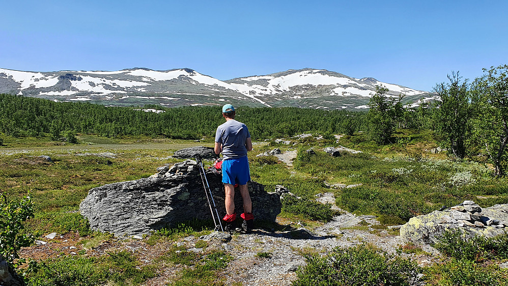 En liten pause på stien mellom Raudbekkstølen og Trolltjerne. Fjellet i bakgrunnen og litt til høyre er Veslebotnskarvet (1778).