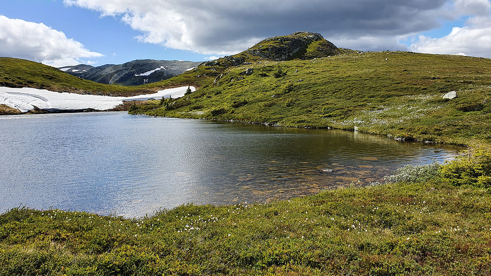 Idyllisk her ved nordenden av Skautjønn. Fikk nesten lyst på et bad... Toppen litt til høyre i bildet er Gyvrenuten (1176).