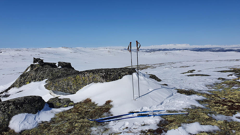 På Steindalsheie Sør (1328). Bildet er tatt mot nordvest. Langt bak og til høyre for stavene ses Hallingskarvet.