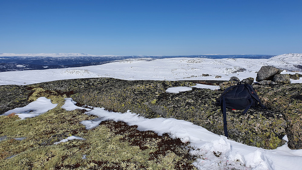 På høyden Nordvest for Gvilingshalltjønne (1309). Bildet er tatt nordover. Langt bak til venstre er Skogshorn (1728) og fjellene i Hemsedal.