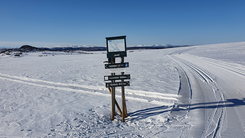 Løypekrysset litt øst for Vasstulan Høyfjellsseter. Til høyre i bildet er de helt ferske skisporene ingen andre hadde gått i ennå.