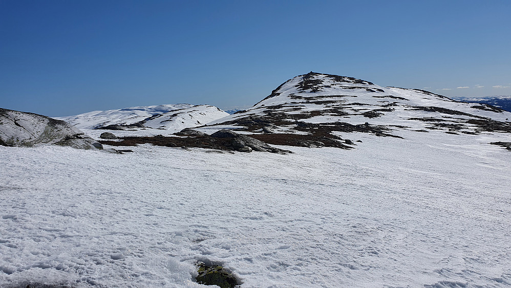 Oppå ryggen nord/nordøst for Åklinuten (1246), som er toppen litt til høyre.