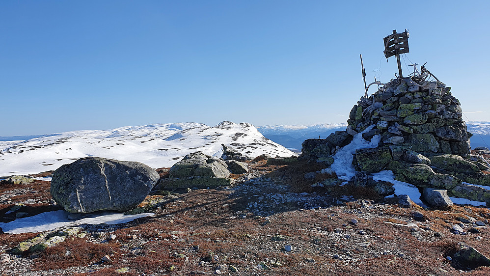 Det lå mange gevir oppå toppvarden på Blenuten (1213). Utsikt sørover mot resten av Blefjell-massivet.