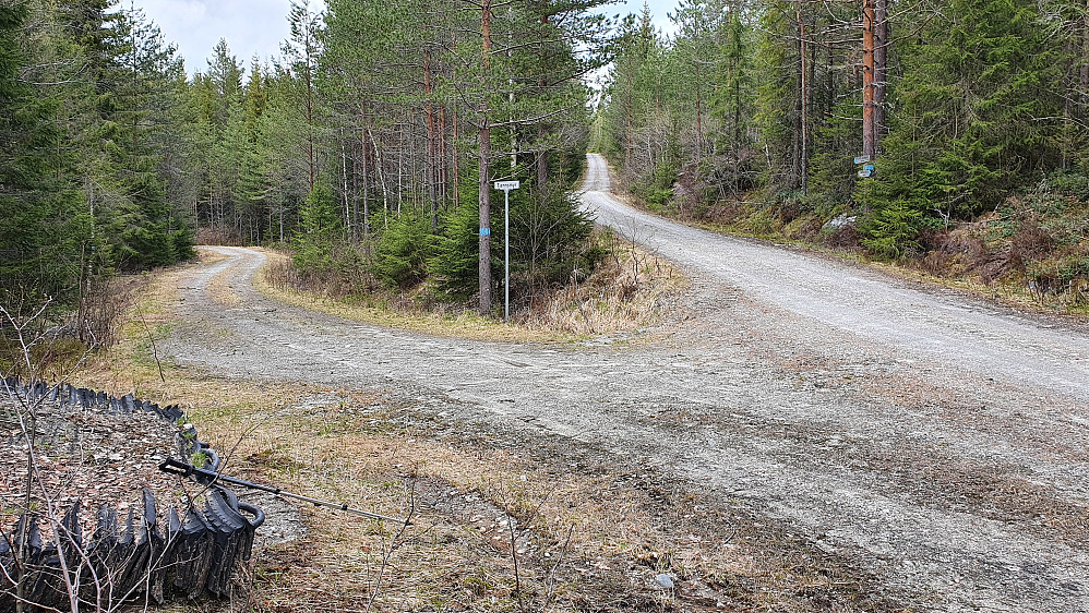 I krysset Tjennsmyr/Gråbergliveien hvor jeg parkerte elsparkesykkelen. Her fortsatte jeg med å gå oppover veien til høyre, mens jeg returnerte på den til venstre.