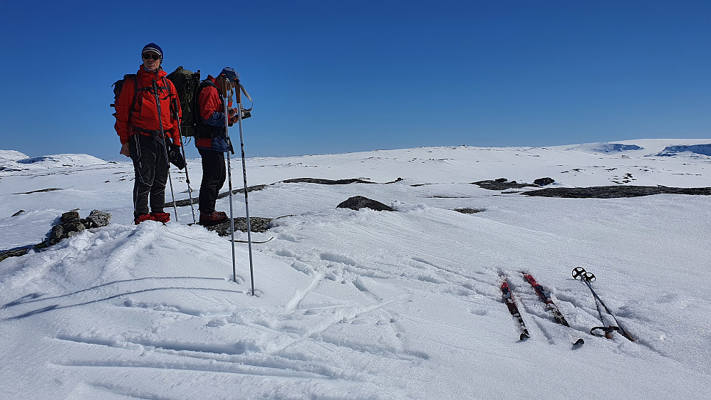 På toppen av Vargabreen Nord (1764). Lengre bak og litt til høyre for midten, kan toppvarden på Vargabreen (1765) skimtes. Lengst til høyre er Hardangerjøkulen.