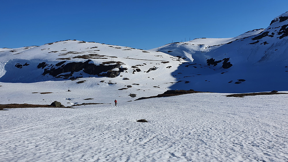 På slutten av turen, i Vestredalen, hvor vi nettopp har krysset elva Heimste Varga. Bak og midt i bildet kan man se våre spor, som går omtrent der veien svinger seg opp bakken.