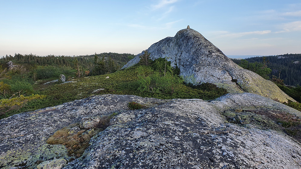 En liten stein markerer det nesten litt luftige toppunktet på Langåsen. I bakgrunnen og litt til venstre ses den jevnhøye Raudsteinvarden.