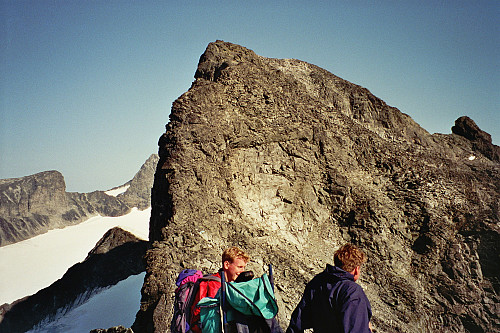 20.08.1995 - På Vestre Skardstinden (2215), etter at Hans Petter og jeg hadde besteget Skardstinden (2373), som ses bak. Nåle (2310) er helt ute til høyre.