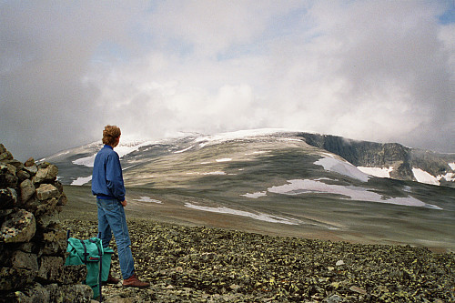 22.08.1992: Min bror på Russlirundhøe. Bak venter dagens høyeste mål: Nautgardstinden (2258) oppe i skyene til venstre, og Austre Nautgardstinden (2194) mer midt i bildet. 