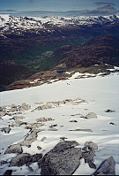 16.06.1996 - Gisle og hans hund ses et stykke lenger ned på snøen i nordøstsiden på Loftet (2170).