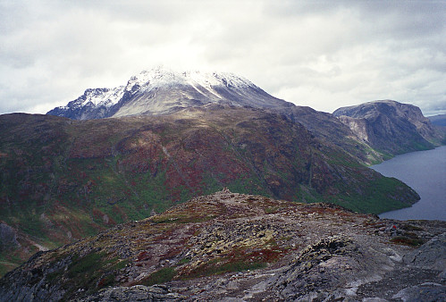 05.07.1996 - På Østre Sjugurdtinden (1305). Utsikt rett mot den snødekte Besshøe (2258). Nede til høyre er Gjende, mens Besseggen med Veslfjellet (1743) også ses til høyre over Gjende.