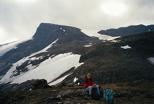 10.08.1996 - Hans Petter på Galgeberg Nord (1505). Bak ses Store Steindalsnosi (2025), med ryggen ut til Vestre Steindalsnosi (1936) oppe til høyre. Vi gikk opp den brede ryggen midt i bildet.