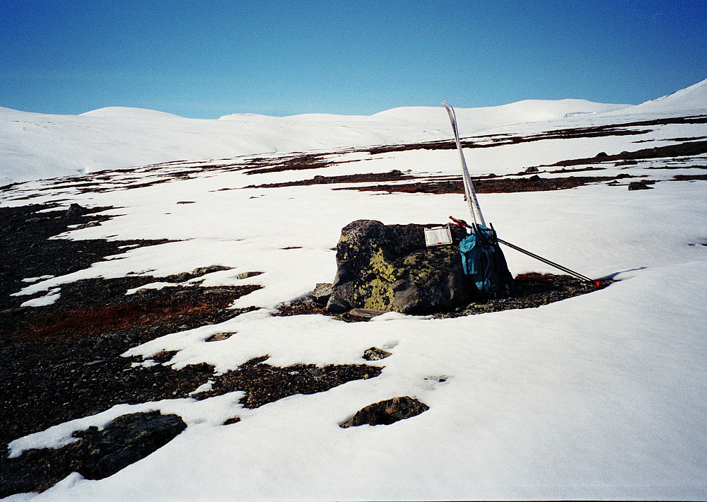18.05.1997 - Nederst på Søre Koppflyi, på ca 1250 meters høyde. Bak, litt til venstre for skituppene, er Store Kvitingskjølen (2064). Til høyre for skituppene ses Nørdre Kvitingskjølen (2025).