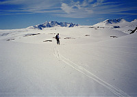 01.06.1997 - Gisle på Sognefjellet, på høyeste punkt på stien Krossbu - Skogadalsbøen, rett vest for Falkeberget (1525). I bakgrunnen er Hurrungane midt i bildet, mens Fanaråken (2068) ses til høyre.