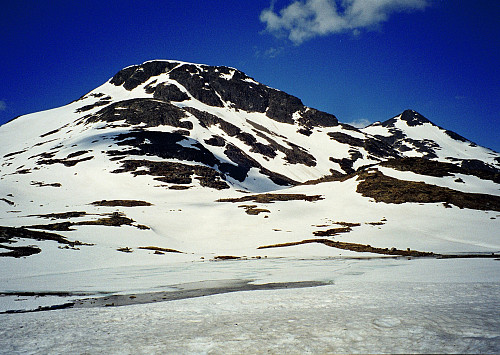 28.06.1997 - Stehøe (1885) og Stetinden (2020, bak til høyre) sett fra Leirvassbu ved turens start. Ikke helt sommer her ennå...