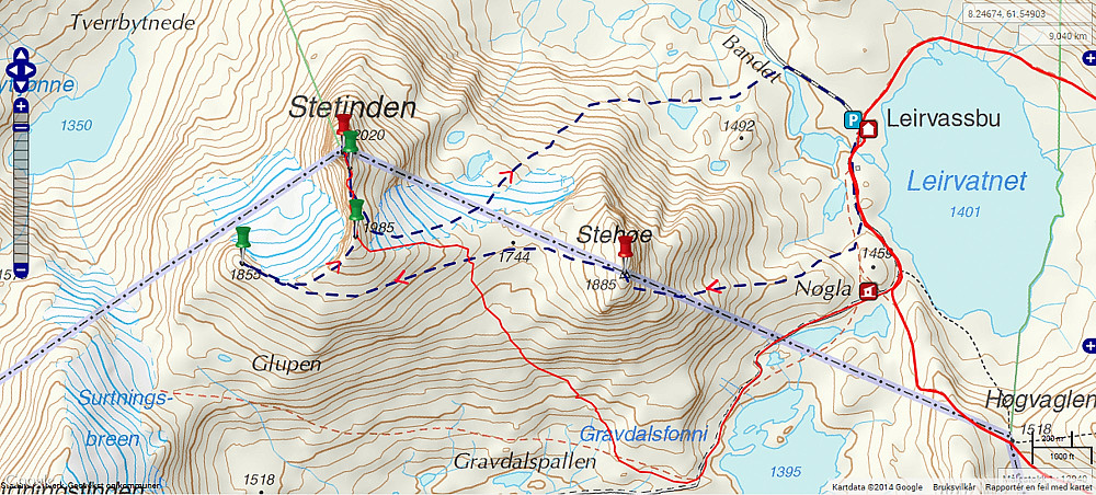 28.06.1997 - Blå stiplet linje er ruta vi gikk. Røde piler/vinkler viser retningen.