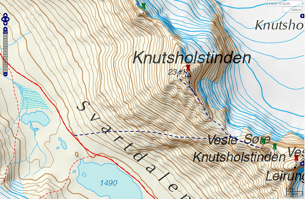 05.07.1997 - Den blå stiplede streken er vår rute utenom DNT-stien mellom Gjendebu og Torfinnsbu (heltrukken rød strek). Hvit prikk like under Store Knutsholstinden (2341) er sånn ca stedet hvor Nils Brede ventet på Ragnar og meg.