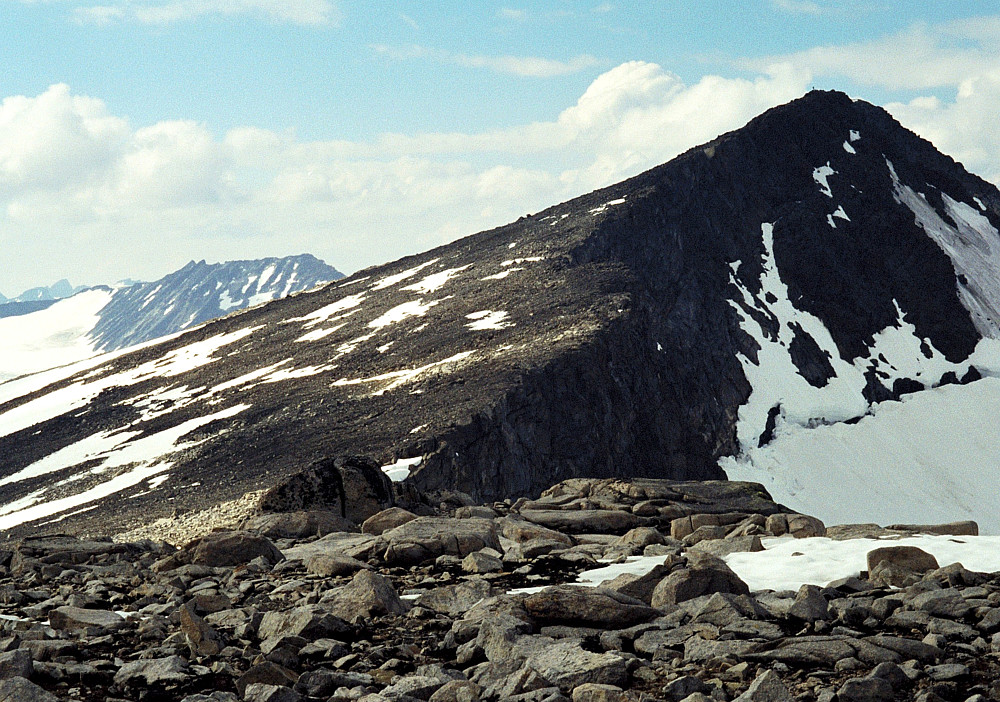 14.07.1997 - Kai Roger ses som en prikk oppe ved toppen av Surtningssue (2368) til høyre. Bildet er tatt fra Surtningssue Sørtoppen (2302). Bak til venstre er Store Memurutinden (2367).