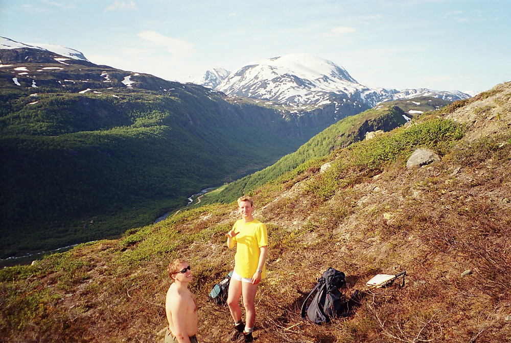 26.06.1999 - Vi er ovenfor Netosætre, og har Bøverdalen under oss. Det store fjellet bak er Loftet (2170).