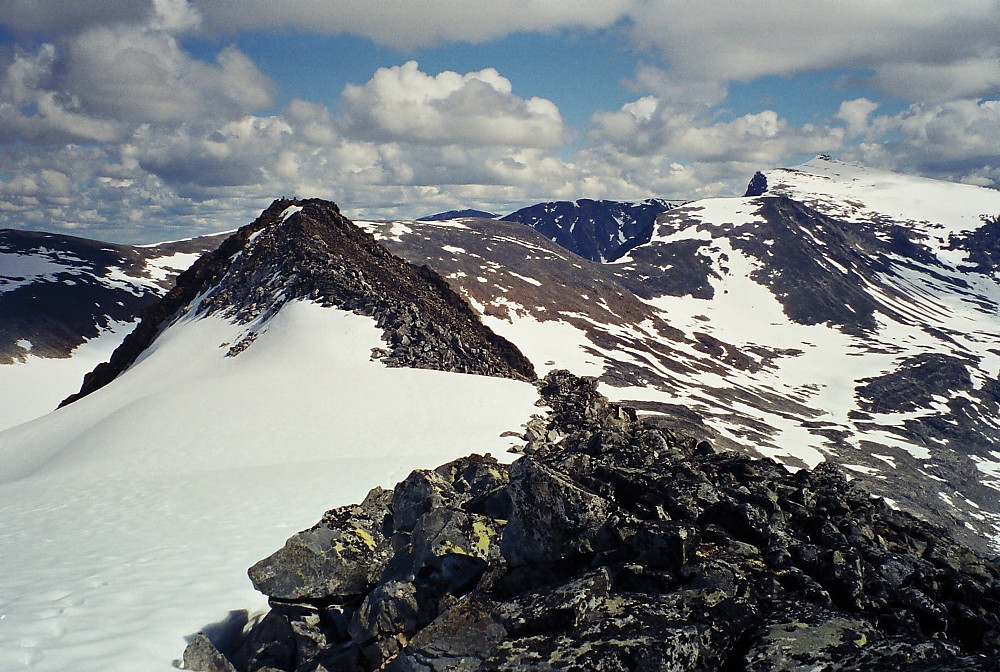 17.07.1999 - Nærmest til venstre er Memurutinden Ø2 (2151), sett fra ryggen til Austre Memurutinden (2301). Surtningssue (2368) ses helt ute til høyre.