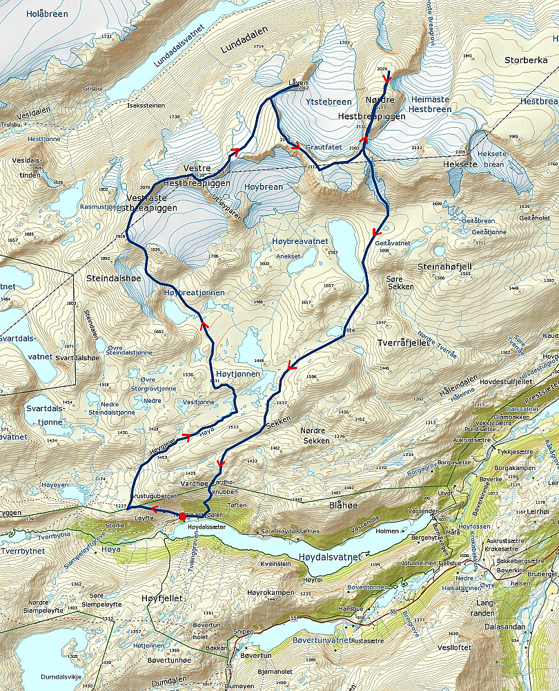 31.07.1999 - Den tykke, mørkeblå streken er ruta vi gikk. Rød prikk nede ved Høydalssæter markerer hvor bilen sto parkert. (Kartkilde: www.norgeskart.no)