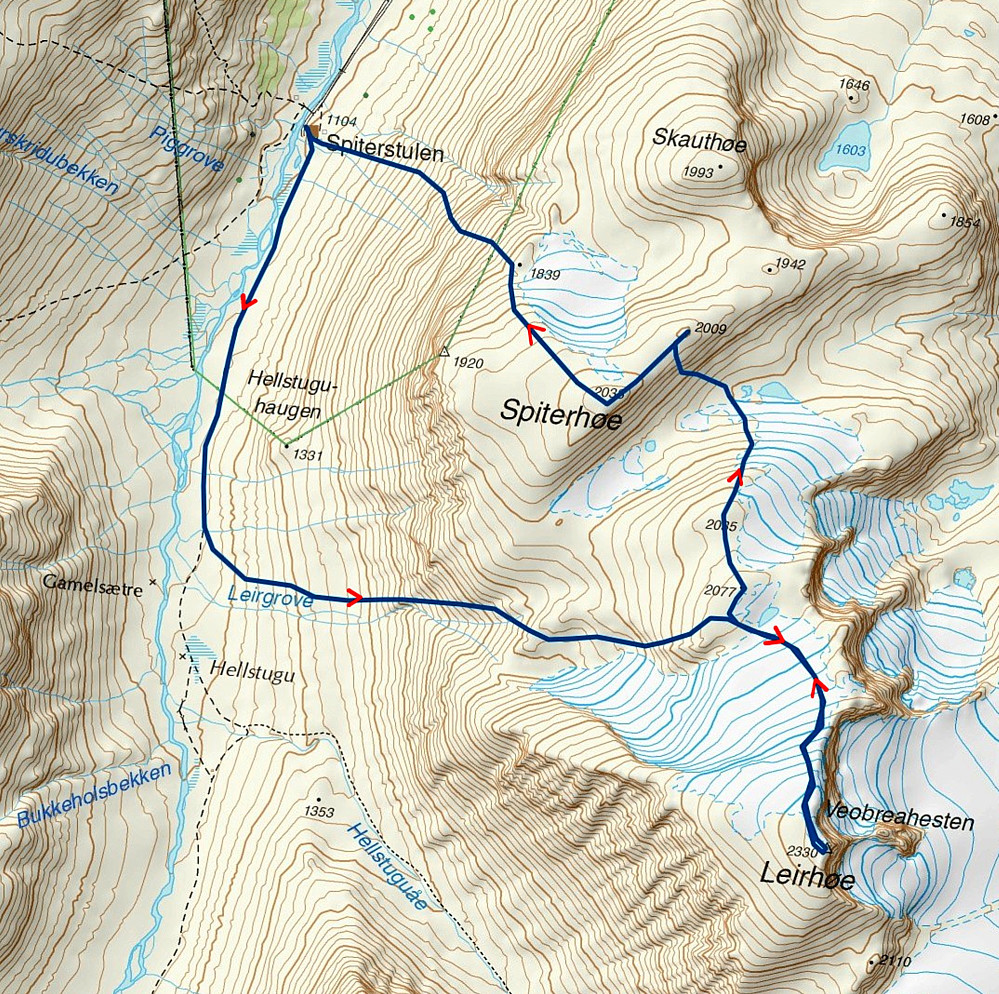04.09.1999 - Den tykke, mørkeblå streken er ruta vi gikk. (Kartkilde: www.norgeskart.no)