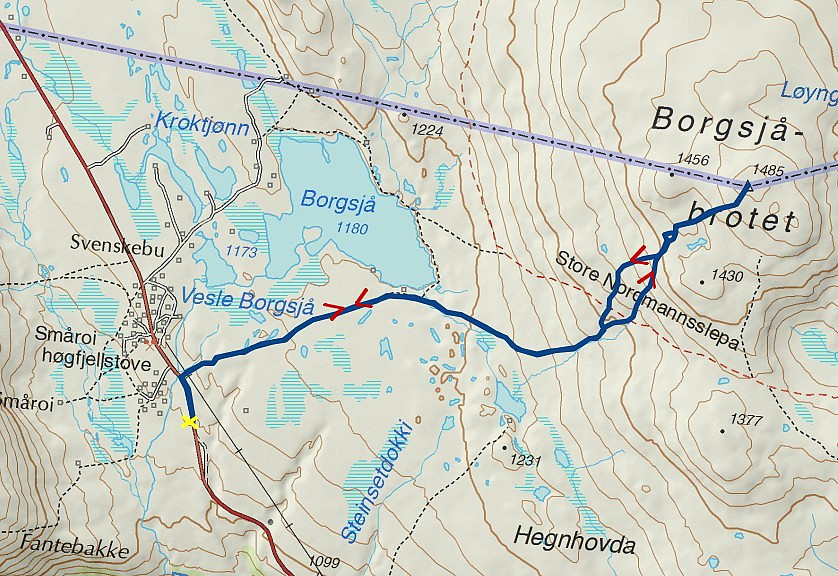 22.07.2014 - Den blå, tykke streken er ruta vi gikk. Det gule krysset nede til venstre viser hvor vi parkerte bilen. (Kartkilde: www.norgeskart.no)