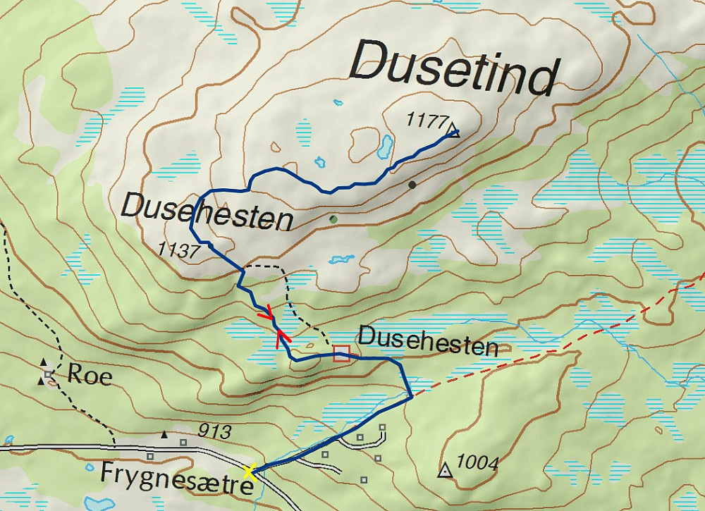 24.07.2014 - Den tykke, blå streken er ruta vi gikk. Det gule krysset nederst viser hvor vi parkerte. (Kartkilde: www.norgeskart.no)