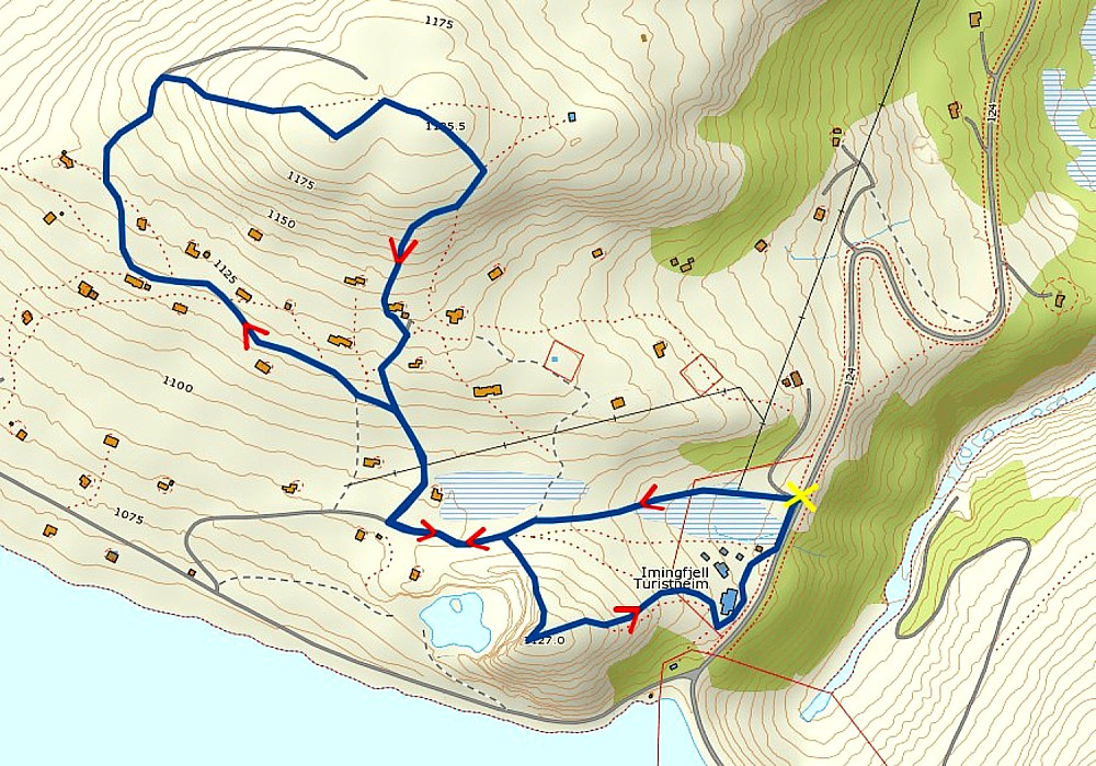 25.07.2014 - Den blå streken er ruta vi gikk. Det gule krysset markerer hvor bilen sto parkert. (Kartkilde: www.norgeskart.no)